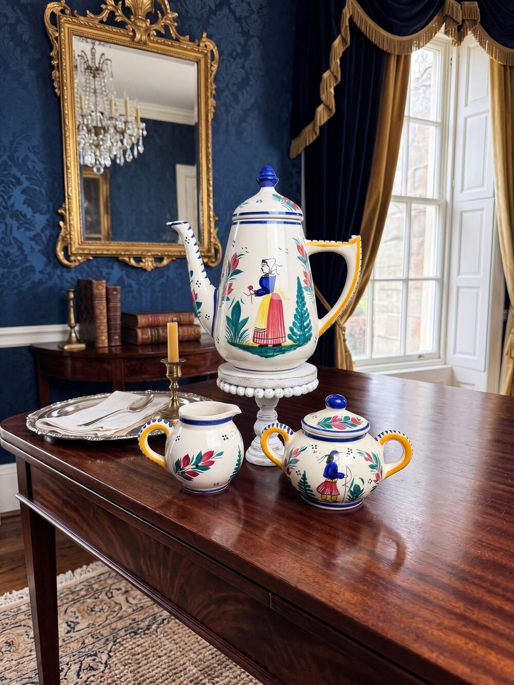 Vintage HB Quimper French Faience Coffee Pot Sugar Creamer Set Hand Painted